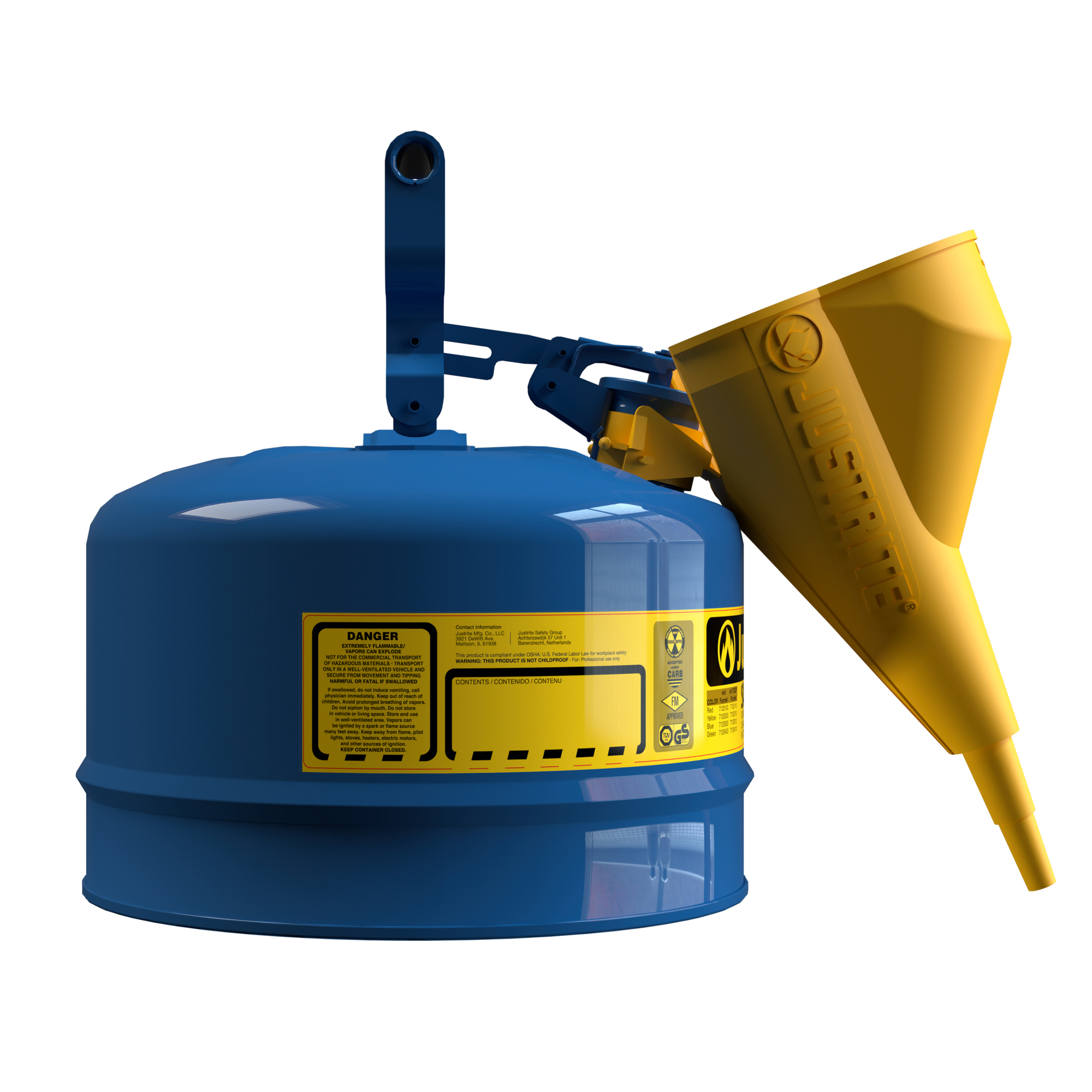 Justrite Steel Safety Can for Kerosene — 2.5 Gallon, Type I, Funnel, Flame Arrester, Blue, Model# 7125310